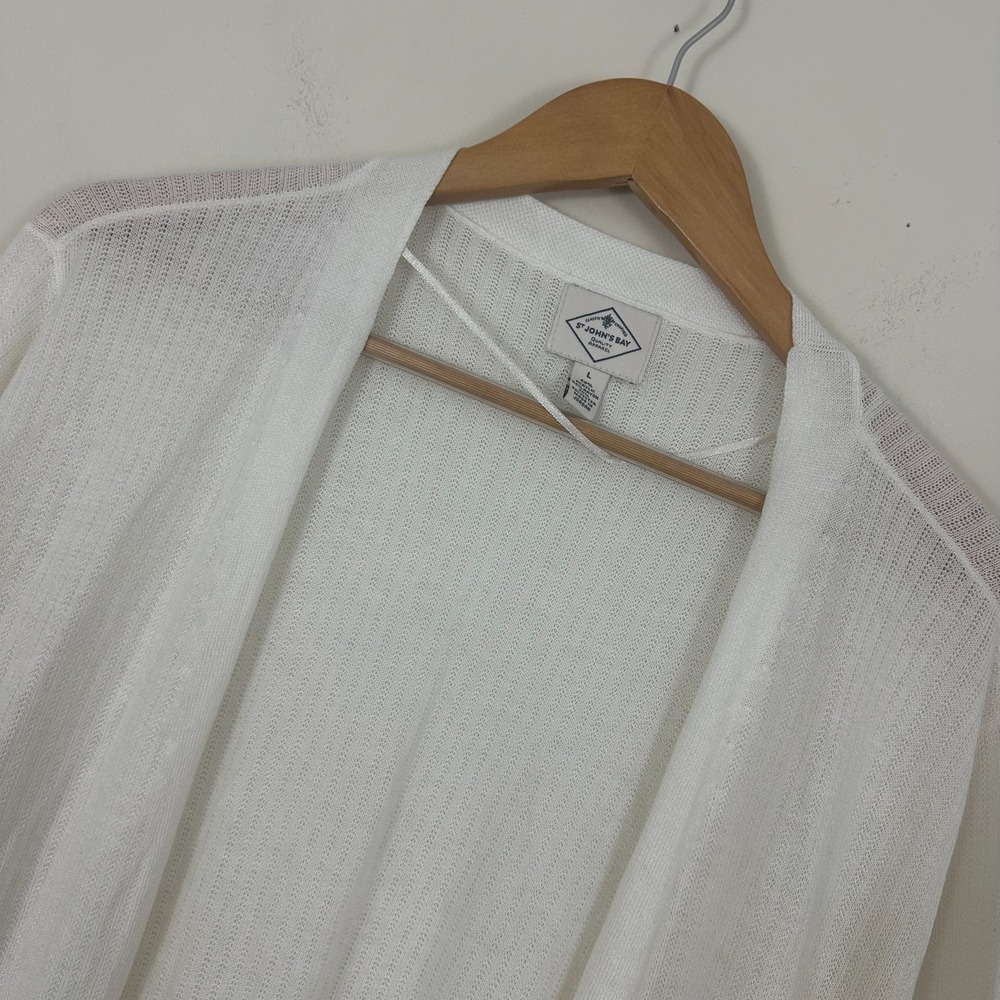 St. John's Bay Cardigan Sweater White Soft Knit Open Front V-Neck Womens Large